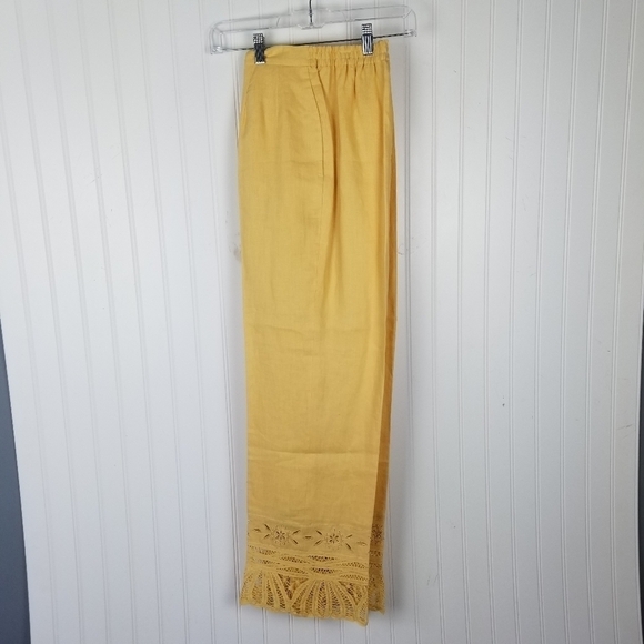 JSong Linen Eyelet Hem Full Length Pants Size 10 Fully Lined Yellow Pockets Zip - Picture 2 of 9